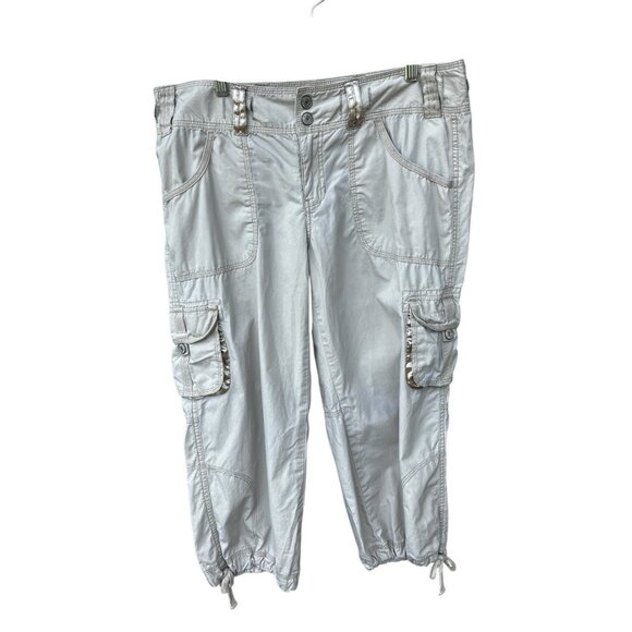 Women's Vintage Y2K Beige Crop Utility Skater Cargo Pants Size 13/14 Satin Trim - Picture 1 of 9